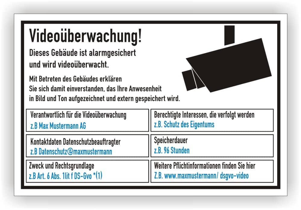 Hinweisschild zum Datenschutz (DSGVO) bei Videoüberwachung, inkl