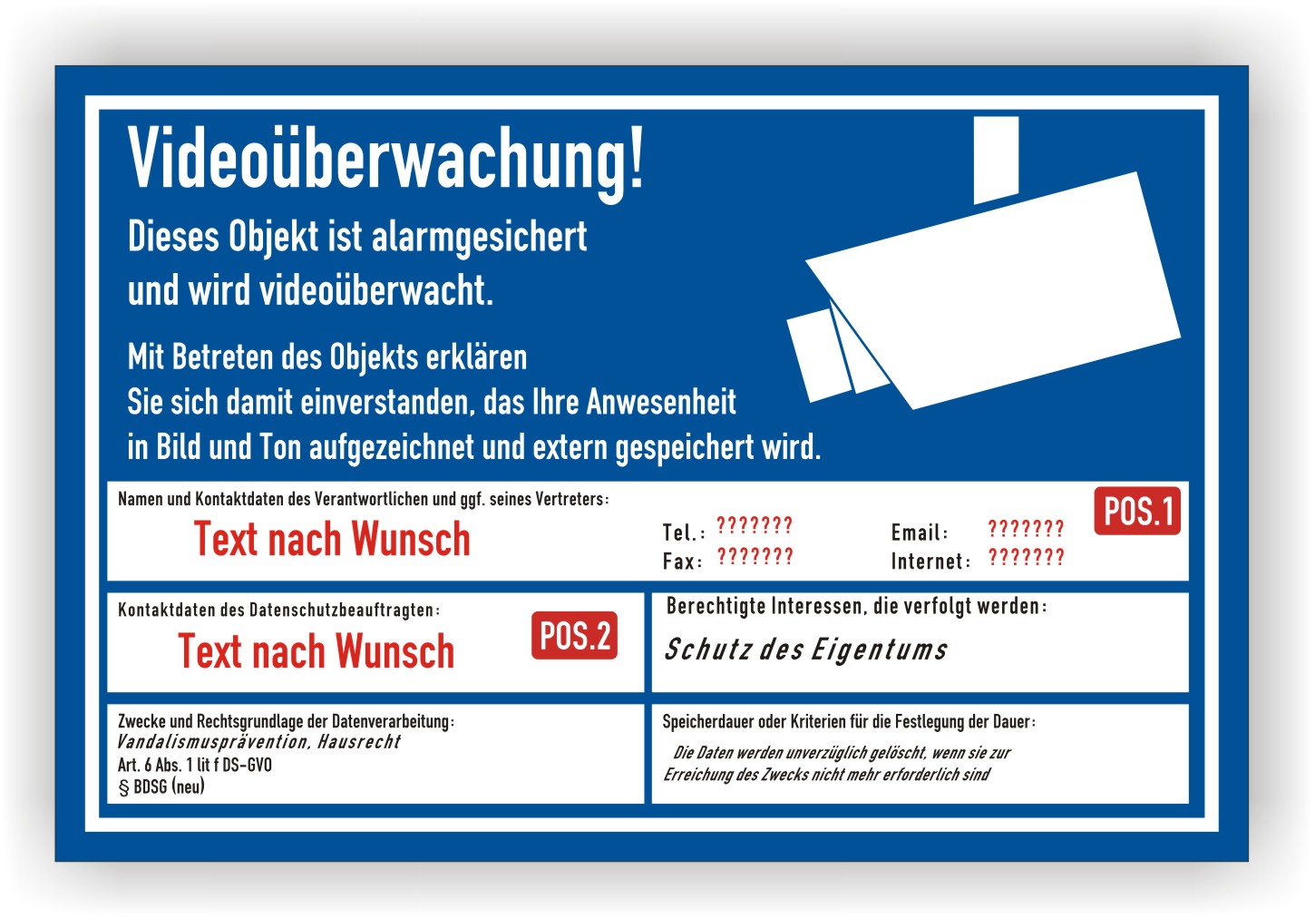 Schild Videoüberwachung videoüberwacht DSGVO Hinweisschild Kamera Alu,  18,99 €