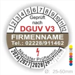 Prüfsiegel nach DGUV V3 mit Platz für Firmenname und Kontaktnummer, zeigt den nächsten Prüftermin sowie einen Durchmesser von 25-50 mm.