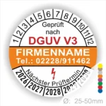 Prüfplakette nach DGUV V3 mit Firmenname und Kontaktdaten, zeigt den nächsten Prüftermin sowie die Größenangabe von 25-50mm.