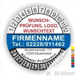 Blaue Prüfplakette mit Monats- und Jahresring, individuell bedruckbar mit Firmenname, Logo, Telefonnummer und Wunschtext. Selbstklebender Prüfaufkleber zur Dokumentation von Wartung, Sicherheitsprüfung und nächstem Prüftermin.