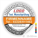 Orange Prüfplakette mit Monats- und Jahresring, individuell bedruckbar mit Firmenname, Telefonnummer, Logo und Wunschtext. Selbstklebendes Prüfetikett zur Dokumentation des nächsten Prüftermins für Wartung, Sicherheit und Betriebsmittelprüfung.