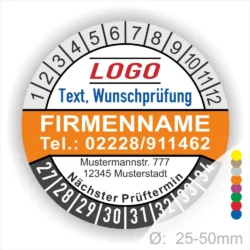 Orange Prüfplakette mit Monats- und Jahresring, individuell bedruckbar mit Firmenname, Telefonnummer, Logo und Wunschtext. Selbstklebendes Prüfetikett zur Dokumentation des nächsten Prüftermins für Wartung, Sicherheit und Betriebsmittelprüfung.