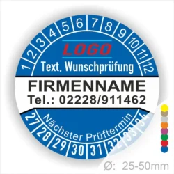 Blaue Prüfplakette mit Monats- und Jahresring zur Kennzeichnung des nächsten Prüftermins, personalisierbar mit Firmenname, Logo, Telefonnummer und Wunschtext. Selbstklebender Prüfaufkleber für Wartung, Sicherheitsprüfung und Betriebsmittelkennzeichnung.