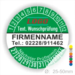 Gruene Prüfplakette mit Monats- und Jahresring zur Kennzeichnung des nächsten Prüftermins, personalisierbar mit Firmenname, Logo, Telefonnummer und Wunschtext. Selbstklebender Prüfaufkleber für Wartung, Sicherheitsprüfung und Betriebsmittelkennzeichnung.