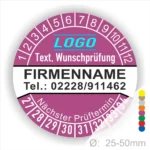 Lila Prüfplakette mit Monats- und Jahresring zur Kennzeichnung des nächsten Prüftermins, personalisierbar mit Firmenname, Logo, Telefonnummer und Wunschtext. Selbstklebender Prüfaufkleber für Wartung, Sicherheitsprüfung und Betriebsmittelkennzeichnung.
