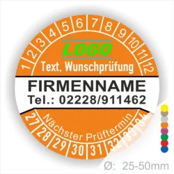 Orange Prüfplakette mit Monats- und Jahresring zur Kennzeichnung des nächsten Prüftermins, personalisierbar mit Firmenname, Logo, Telefonnummer und Wunschtext. Selbstklebender Prüfaufkleber für Wartung, Sicherheitsprüfung und Betriebsmittelkennzeichnung.