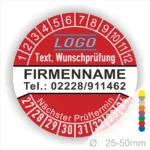 Rot Prüfplakette mit Monats- und Jahresring zur Kennzeichnung des nächsten Prüftermins, personalisierbar mit Firmenname, Logo, Telefonnummer und Wunschtext. Selbstklebender Prüfaufkleber für Wartung, Sicherheitsprüfung und Betriebsmittelkennzeichnung.