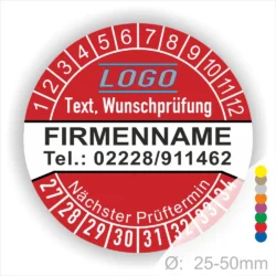 Rot Prüfplakette mit Monats- und Jahresring zur Kennzeichnung des nächsten Prüftermins, personalisierbar mit Firmenname, Logo, Telefonnummer und Wunschtext. Selbstklebender Prüfaufkleber für Wartung, Sicherheitsprüfung und Betriebsmittelkennzeichnung.