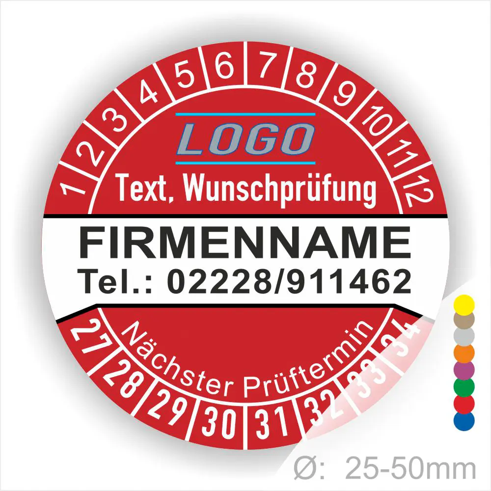 pruefplakette-personalisiert-rot-mit-telefonnummer-und-logo Rot Prüfplakette mit Monats- und Jahresring zur Kennzeichnung des nächsten Prüftermins, personalisierbar mit Firmenname, Logo, Telefonnummer und Wunschtext. Selbstklebender Prüfaufkleber für Wartung, Sicherheitsprüfung und Betriebsmittelkennzeichnung.