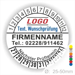 Weiss Prüfplakette mit Monats- und Jahresring zur Kennzeichnung des nächsten Prüftermins, personalisierbar mit Firmenname, Logo, Telefonnummer und Wunschtext. Selbstklebender Prüfaufkleber für Wartung, Sicherheitsprüfung und Betriebsmittelkennzeichnung.