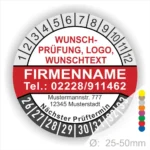 Rote Prüfplakette mit Monats- und Jahresring, personalisierbar mit Firmenname, Telefonnummer, Logo und Wunschtext. Selbstklebender Prüfaufkleber zur Dokumentation von Sicherheitsprüfung, Wartung und nächstem Prüftermin.