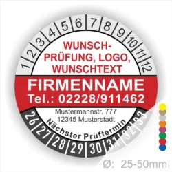 Rote Prüfplakette mit Monats- und Jahresring, personalisierbar mit Firmenname, Telefonnummer, Logo und Wunschtext. Selbstklebender Prüfaufkleber zur Dokumentation von Sicherheitsprüfung, Wartung und nächstem Prüftermin.