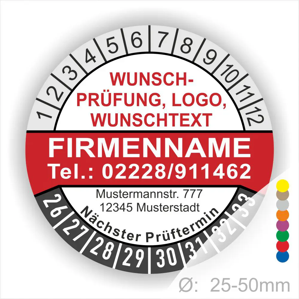 pruefplakette-rot-25-50mm-individuell-bedruckbar Rote Prüfplakette mit Monats- und Jahresring, personalisierbar mit Firmenname, Telefonnummer, Logo und Wunschtext. Selbstklebender Prüfaufkleber zur Dokumentation von Sicherheitsprüfung, Wartung und nächstem Prüftermin.