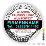 Schwarze Prüfplakette mit Monats- und Jahresring, individuell bedruckbar mit Firmenname, Telefonnummer, Logo und Wunschtext. Selbstklebender Prüfaufkleber zur Kennzeichnung von Wartung, Sicherheitsprüfung und nächstem Prüftermin.