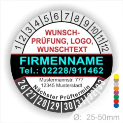 Schwarze Prüfplakette mit Monats- und Jahresring, individuell bedruckbar mit Firmenname, Telefonnummer, Logo und Wunschtext. Selbstklebender Prüfaufkleber zur Kennzeichnung von Wartung, Sicherheitsprüfung und nächstem Prüftermin.