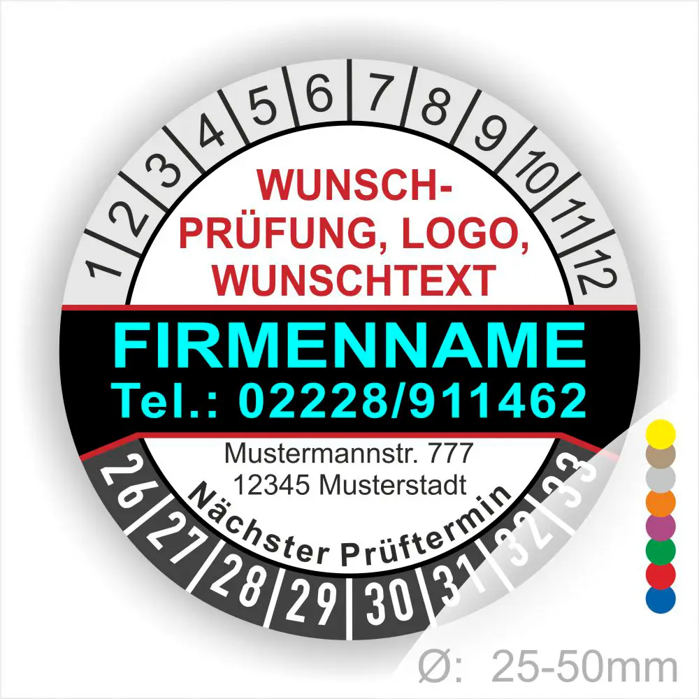 pruefplakette-schwarz-25-50mm-individuell-bedruckbar Schwarze Prüfplakette mit Monats- und Jahresring, individuell bedruckbar mit Firmenname, Telefonnummer, Logo und Wunschtext. Selbstklebender Prüfaufkleber zur Kennzeichnung von Wartung, Sicherheitsprüfung und nächstem Prüftermin.