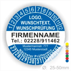 Rundes Prüfetikett mit Platz für Logo, Wunschtext und Prüfdatum, inklusive Kontaktdaten der Firma und nächstem Prüftermin. Ideal für Unternehmen zur Kennzeichnung von Prüfungen und Wartungen. Durchmesser von 25-50 mm.