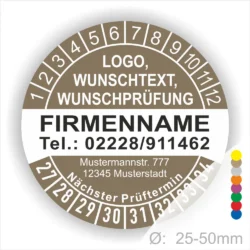 Rundes Prüfetikett mit Platz für Logo, Wunschtext und Prüfdatum, inklusive Firmennamen und Kontaktdaten. Durchmesser 25-50 mm, ideal für die Kennzeichnung von Prüfterminen.