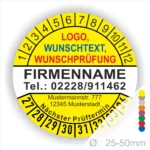 Rundes Prüfetikett mit Platz für Logo, Wunschtext und Unternehmensinformationen. Enthält Kontaktdaten, Adresse und Prüftermin. Geeignet für Durchmesser von 25-50 mm.