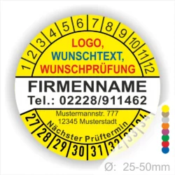 Rundes Prüfetikett mit Platz für Logo, Wunschtext und Unternehmensinformationen. Enthält Kontaktdaten, Adresse und Prüftermin. Geeignet für Durchmesser von 25-50 mm.