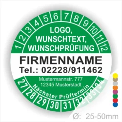 Rundes Prüfplakett-Design mit Platz für Logo, Wunschtext und Prüfungsinformationen. Enthält Firmenname, Telefonnummer und Adresse. Ideal für regelmäßige Sicherheitsprüfungen. Durchmesser von 25-50 mm.