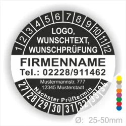 Rundes Prüfplakett-Design mit Platz für Logo, Wunschtext und Prüfdaten. Enthält Firmennamen, Telefonnummer und Adresse. Geeignet für Prüfintervalle mit einem Durchmesser von 25-50 mm.