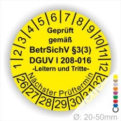 Prüfsiegel für Leitern und Tritte Prüfung DGUV, BetrSichV Farbe Gelb Text Geprüft gemäss BetrSichV §3 (3) DGUV Info 208-016 in Schwarz. Starjahr 26