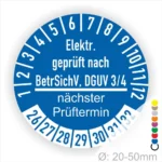 Blaues Prüfetikett für elektrische Geräte, geprüft nach BetrSichV und DGUV 3/4, mit Angaben zum nächsten Prüftermin und einem Durchmesser von 20-50 mm.