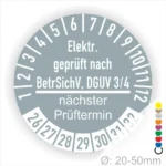 Alt-Text: Prüfplakette für elektrische Geräte, geprüft nach BetrSichV und DGUV 3/4, mit Angabe des nächsten Prüftermins und Durchmesser von 20-50 mm.