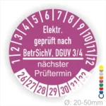Elektrische Prüfplakette mit Angaben zur Prüfung nach BetrSichV und DGUV 3/4, nächster Prüftermin, Durchmesser 20-50 mm.