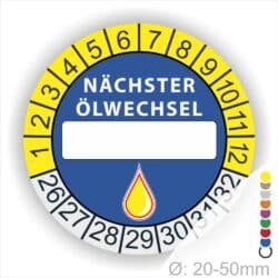 Nächster Ölwechsel Mehrjahresplakette, Prüfplakette mit Beschriftungsfeld in Farbe Gelb-Blau mit Öl-Tropfen Icon, Startjahr 26