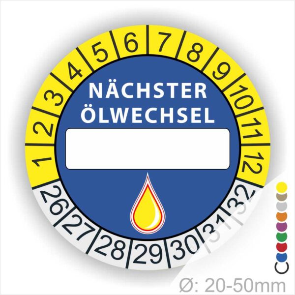 Nächster Ölwechsel Mehrjahresplakette, Prüfplakette mit Beschriftungsfeld in Farbe Gelb-Blau mit Öl-Tropfen Icon, Startjahr 26