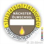 Nächster Ölwechsel Mehrjahresplakette, Prüfplakette mit Beschriftungsfeld in Farbe Gelb-Braun mit Öl-Tropfen Icon, Startjahr 26