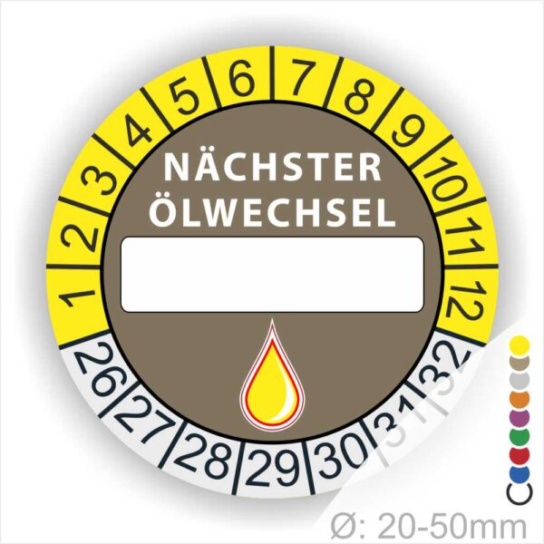 Nächster Ölwechsel Mehrjahresplakette, Prüfplakette mit Beschriftungsfeld in Farbe Gelb-Braun mit Öl-Tropfen Icon, Startjahr 26