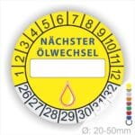 Nächster Ölwechsel Mehrjahresplakette, Prüfplakette mit Beschriftungsfeld in Farbe Gelb-Gelb mit Öl-Tropfen Icon, Startjahr 26