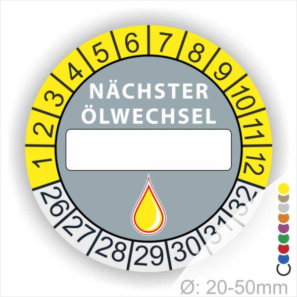 Nächster Ölwechsel Mehrjahresplakette, Prüfplakette mit Beschriftungsfeld in Farbe Gelb-Grau mit Öl-Tropfen Icon, Startjahr 26