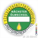 Nächster Ölwechsel Mehrjahresplakette, Prüfplakette mit Beschriftungsfeld in Farbe Gelb-Gruen mit Öl-Tropfen Icon, Startjahr 26