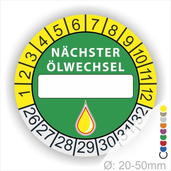 Nächster Ölwechsel Mehrjahresplakette, Prüfplakette mit Beschriftungsfeld in Farbe Gelb-Gruen mit Öl-Tropfen Icon, Startjahr 26
