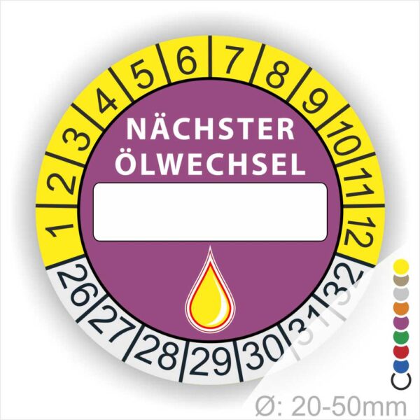 Nächster Ölwechsel Mehrjahresplakette, Prüfplakette mit Beschriftungsfeld in Farbe Gelb-Lila mit Öl-Tropfen Icon, Startjahr 26