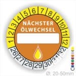 Nächster Ölwechsel Mehrjahresplakette, Prüfplakette mit Beschriftungsfeld in Farbe Gelb-Orange mit Öl-Tropfen Icon, Startjahr 26