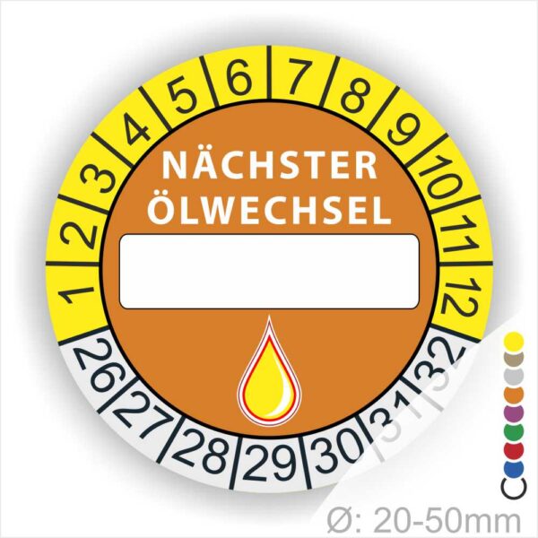 Nächster Ölwechsel Mehrjahresplakette, Prüfplakette mit Beschriftungsfeld in Farbe Gelb-Orange mit Öl-Tropfen Icon, Startjahr 26