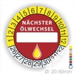Nächster Ölwechsel Mehrjahresplakette, Prüfplakette mit Beschriftungsfeld in Farbe Gelb-Rot mit Öl-Tropfen Icon, Startjahr 26