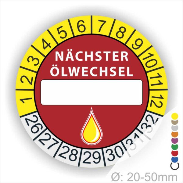 Nächster Ölwechsel Mehrjahresplakette, Prüfplakette mit Beschriftungsfeld in Farbe Gelb-Rot mit Öl-Tropfen Icon, Startjahr 26