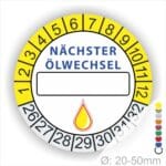 Nächster Ölwechsel Mehrjahresplakette, Prüfplakette mit Beschriftungsfeld in Farbe Gelb-Weiss mit Öl-Tropfen Icon, Startjahr 26