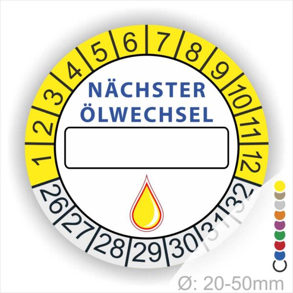 Nächster Ölwechsel Mehrjahresplakette, Prüfplakette mit Beschriftungsfeld in Farbe Gelb-Weiss mit Öl-Tropfen Icon, Startjahr 26