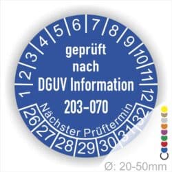 Prüfplaketten rund Text: DGUV Information 203-070  Bisherige Nummer: BGI 5090 Sachgebiet: Elektrotechnik und Feinmechanik. Plaketten Farbe- Blau und Text in Weiß. Monatszahlen oben und Jahreszahlen unten beginnend mit Startjahr- 26. Durchmesser 20-50mm frei wählbar.