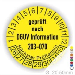 Prüfplaketten rund Text: DGUV Information 203-070  Bisherige Nummer: BGI 5090 Sachgebiet: Elektrotechnik und Feinmechanik. Plaketten Farbe- Gelb und Text in Schwarz. Monatszahlen oben und Jahreszahlen unten beginnend mit Startjahr- 26. Durchmesser 20-50mm frei wählbar.