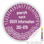 Prüfplaketten rund Text: DGUV Information 203-070  Bisherige Nummer: BGI 5090 Sachgebiet: Elektrotechnik und Feinmechanik. Plaketten Farbe- Lila und Text in Weiß. Monatszahlen oben und Jahreszahlen unten beginnend mit Startjahr- 26. Durchmesser 20-50mm frei wählbar.