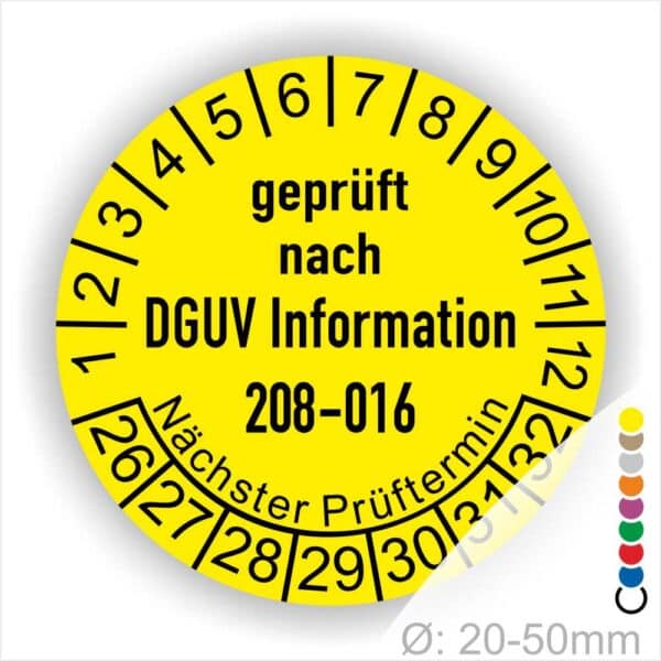 Leitern und Tritte Prüfung Prüfplaketten DGUV Information 208-016 in Farbe Gelb, Statjahr 26